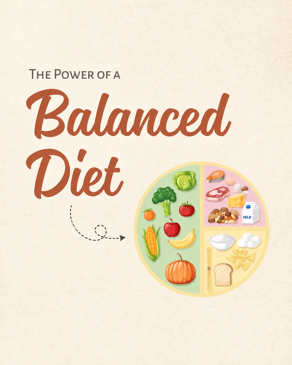 The power of a balanced diet, illustrated with a colourful plate of different foods.